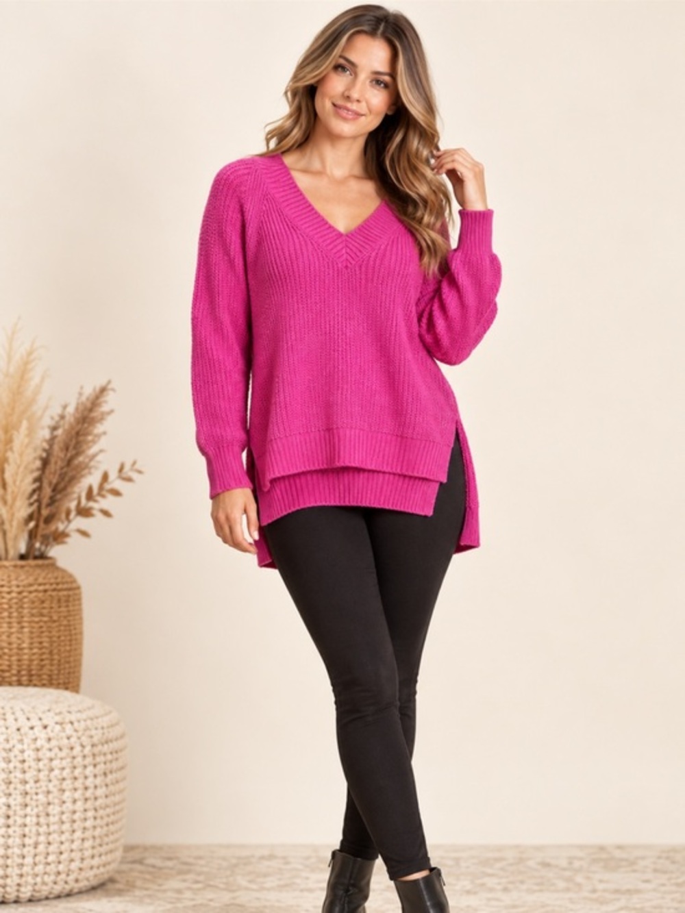 a.n.a. Magenta Pink V Neck High Low Side Slit Knit Sweater Small